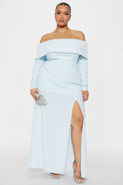 Erin Off Shoulder Fur Maxi Dress - Light Blue