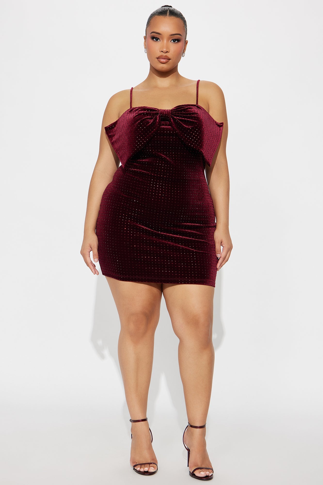 Bow It Up Rhinestone Velvet Mini Dress - Wine