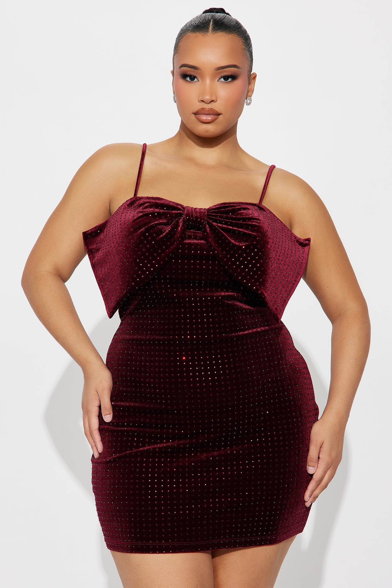 Bow It Up Rhinestone Velvet Mini Dress - Wine