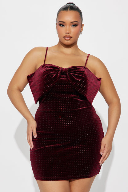 Bow It Up Rhinestone Velvet Mini Dress - Wine