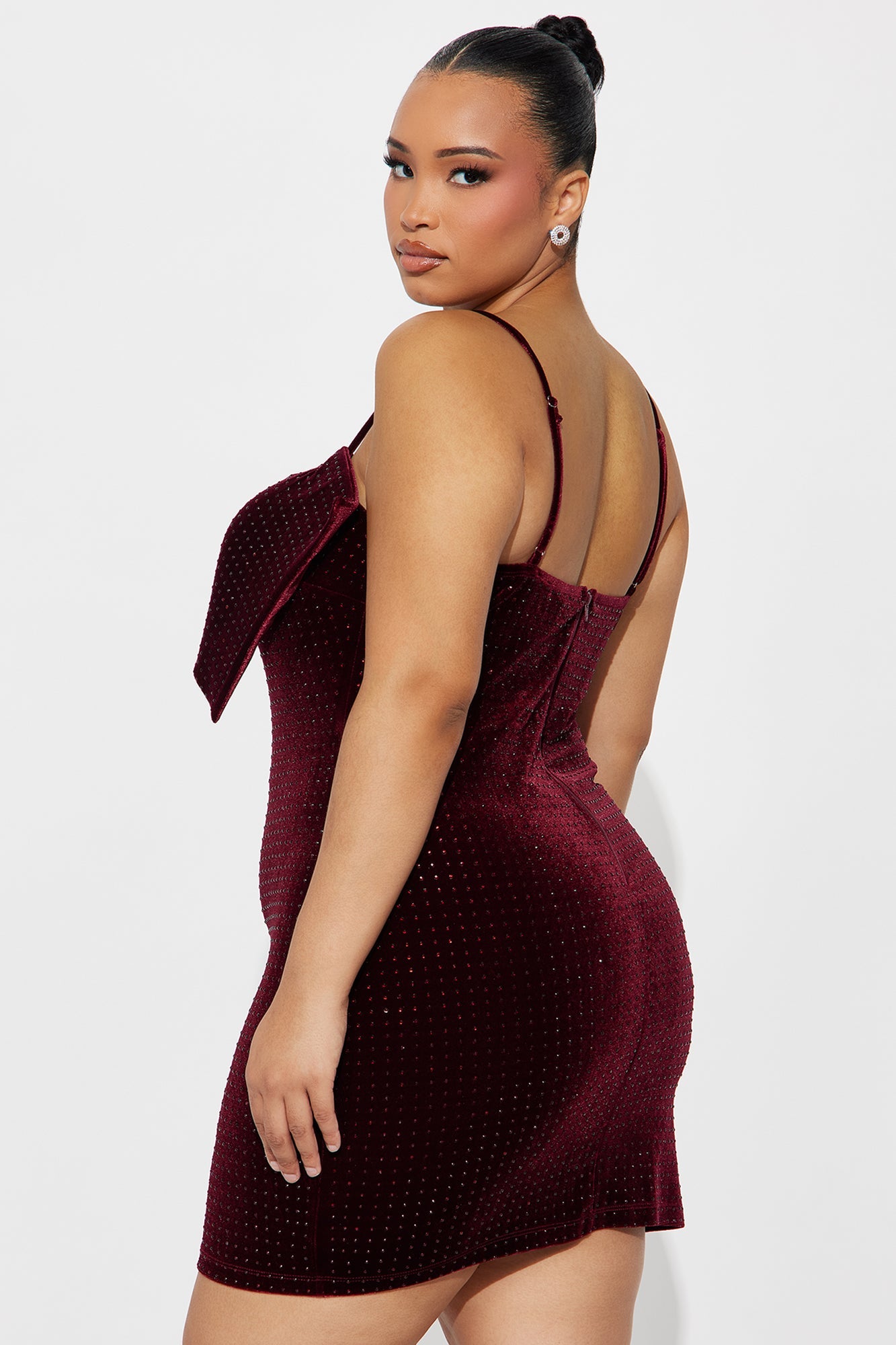 Bow It Up Rhinestone Velvet Mini Dress - Wine