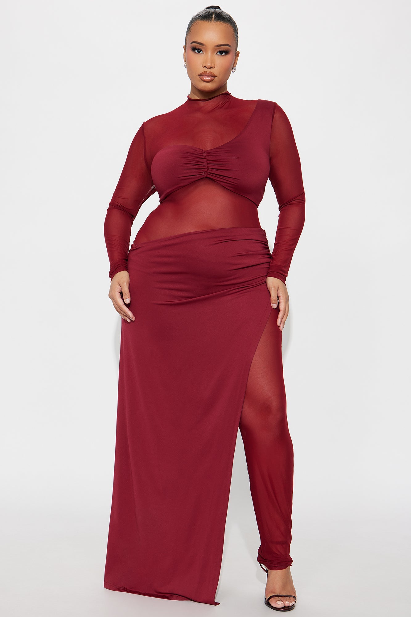 Eyes On Me Mesh Long Sleeve Jumpsuit - Burgundy