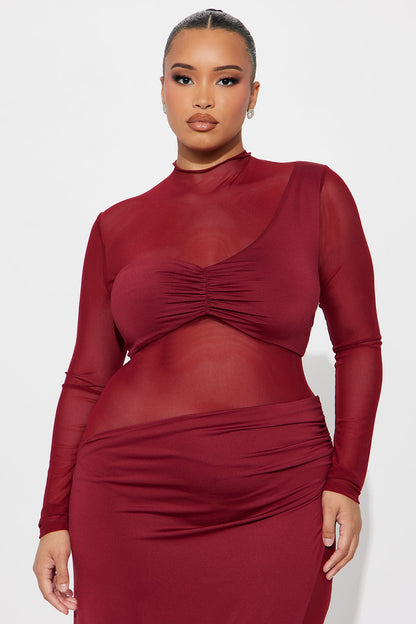 Eyes On Me Mesh Long Sleeve Jumpsuit - Burgundy