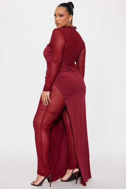Eyes On Me Mesh Long Sleeve Jumpsuit - Burgundy