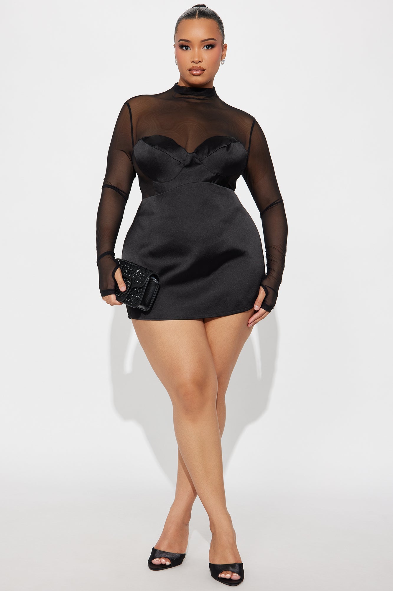 Caught On Camera Satin Bodysuit Skirt Set - Black