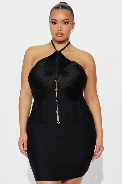 Bebe Fringe Corset Mini Dress - Black