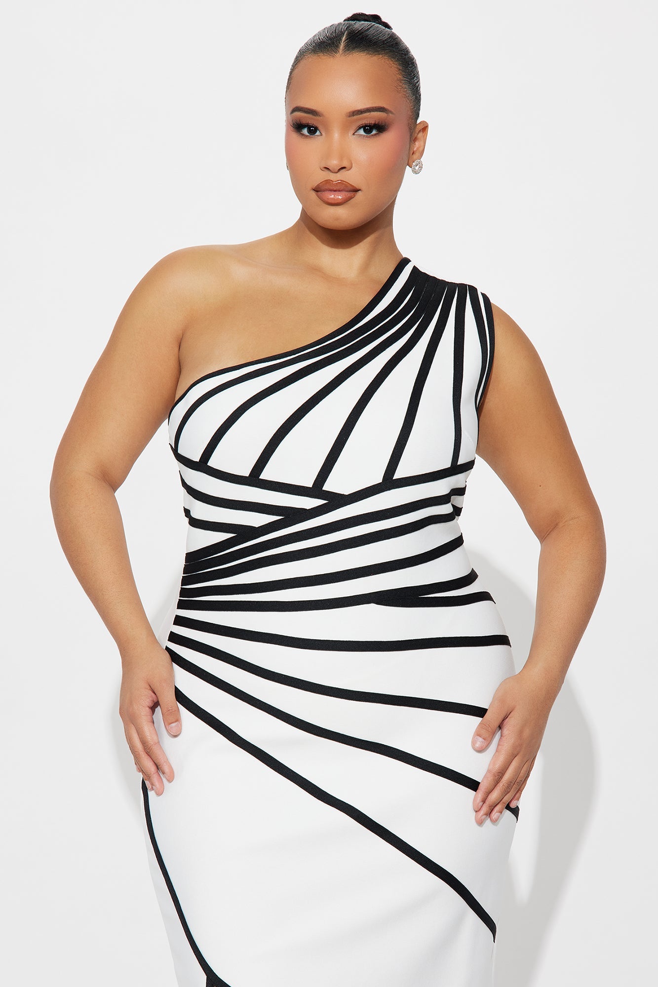 Liliah Contrast Bandage Midi Dress - White/Black
