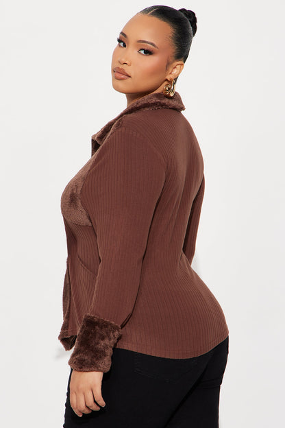 Jade Fur Trim Ribbed Top - Brown
