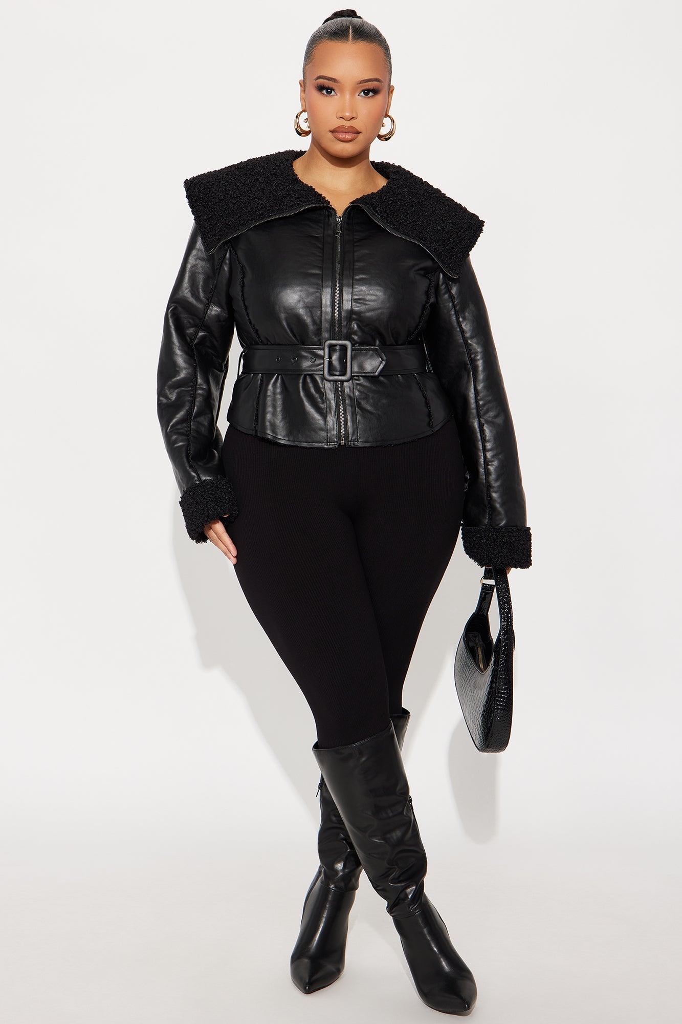 Paloma Faux Leather Sherpa Lined Coat - Black