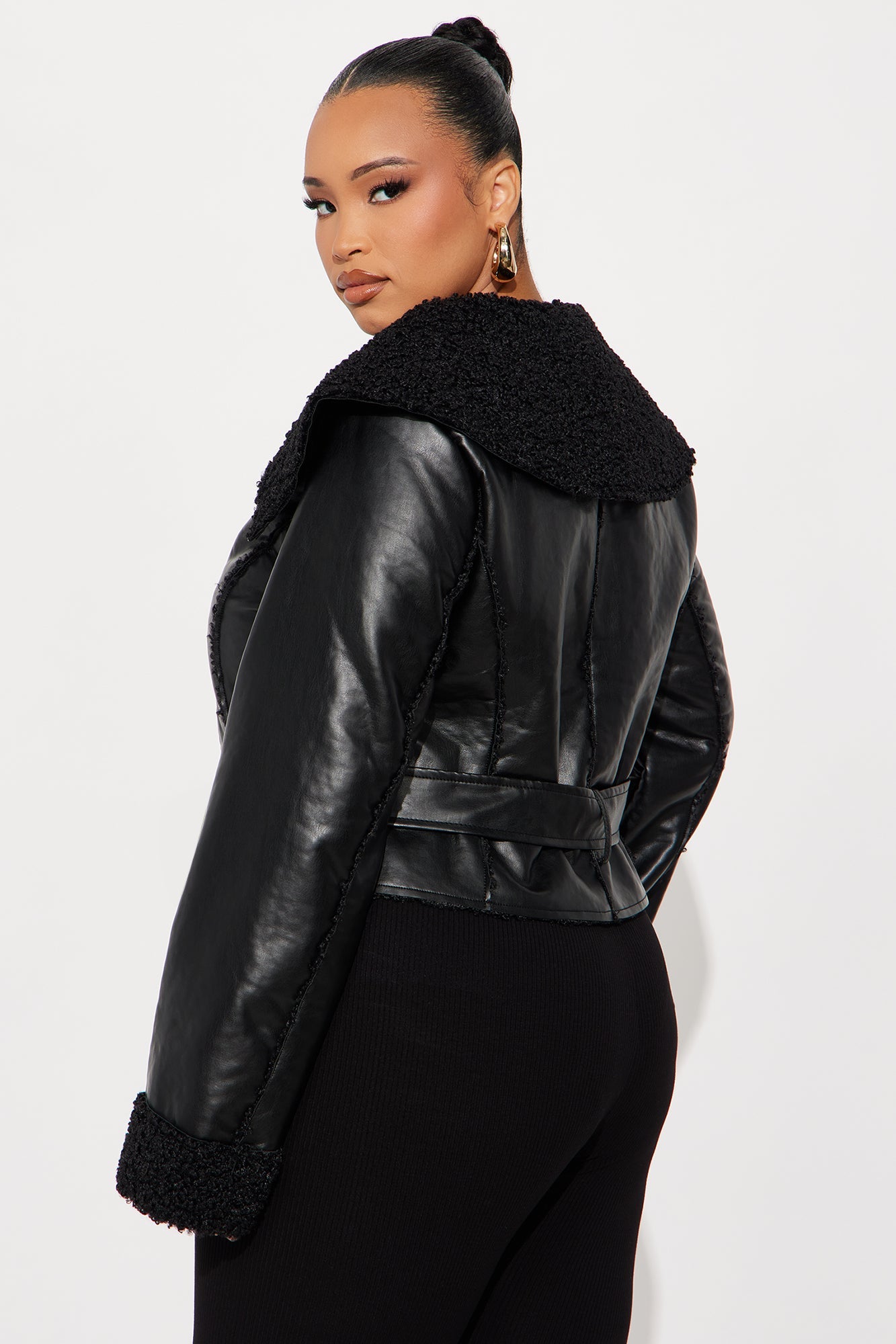 Paloma Faux Leather Sherpa Lined Coat - Black