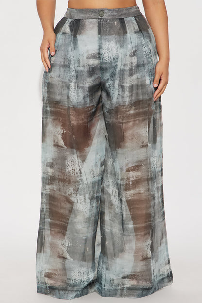 Hollie Wide Leg Abstract Print Organza Pant - Grey/combo