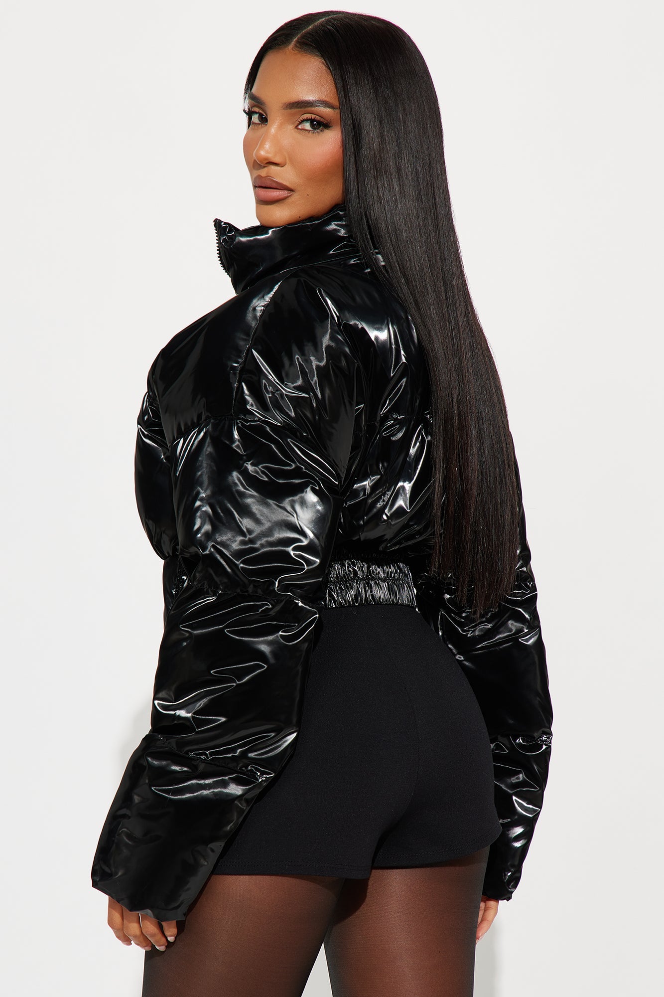 Outshine The Rest Patent Faux Leather Puffer Jacket - Black