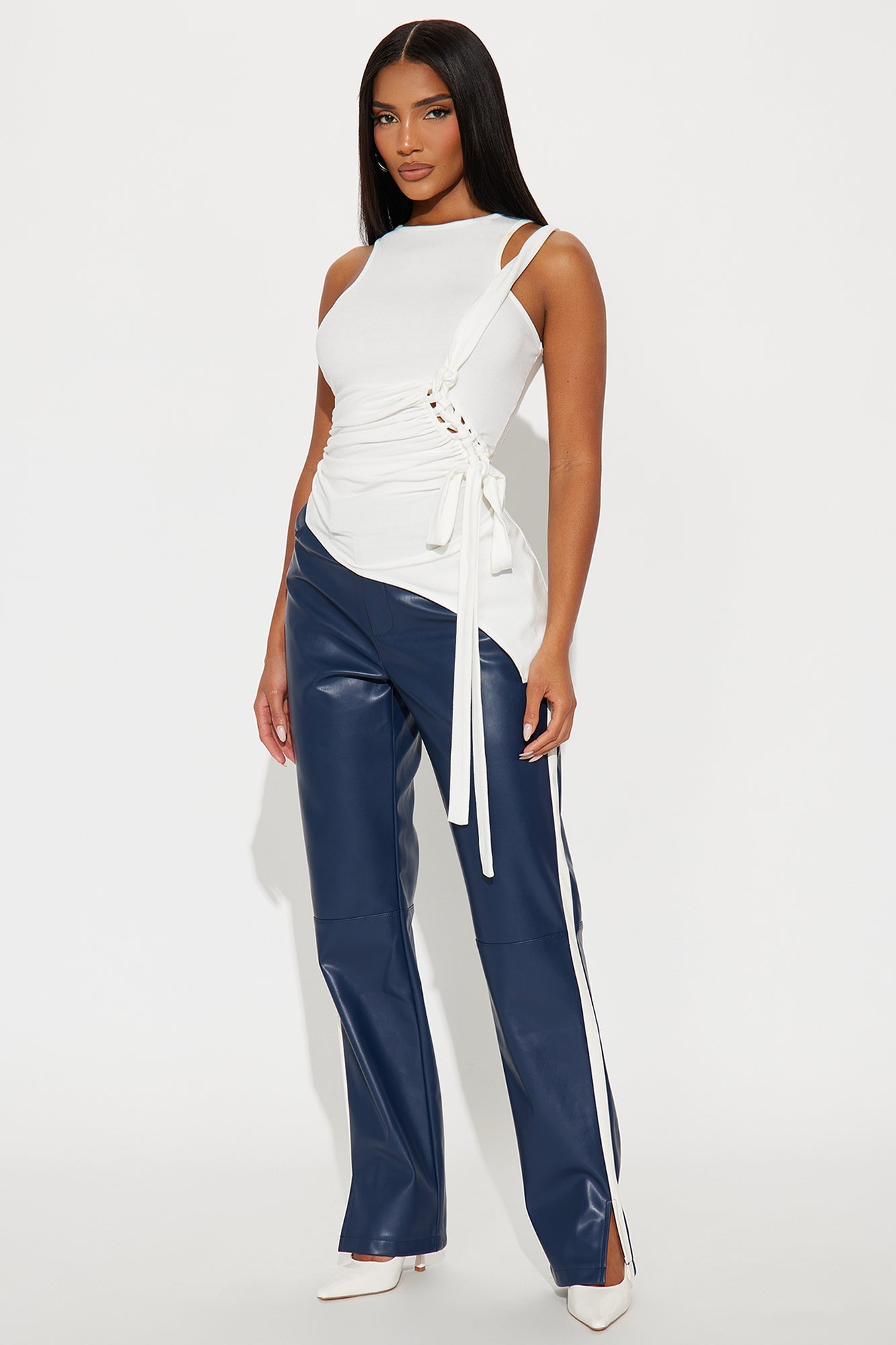 Cause A Scene Faux Leather Track Pant - Navy/combo