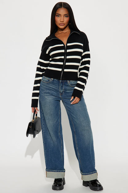 Amelia Front Zip Striped Cardigan - Black/combo