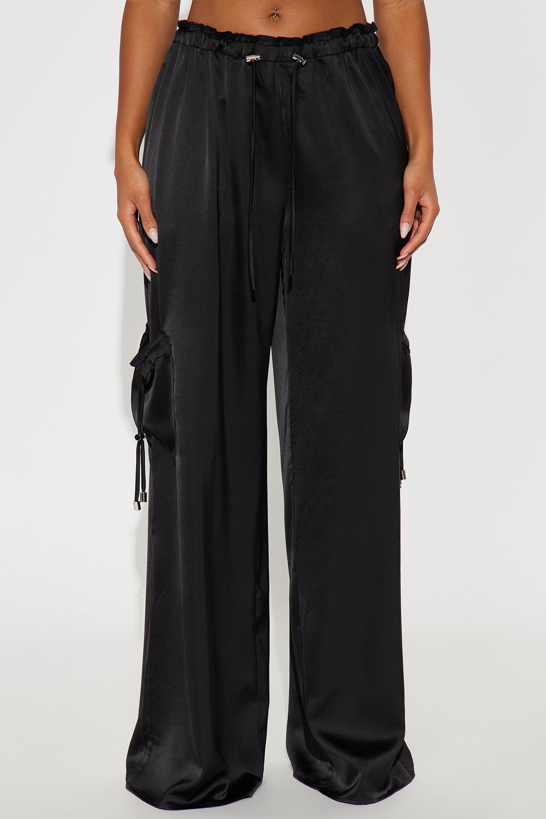Brielle Satin Wide Leg Cargo Pant 33″ - Black