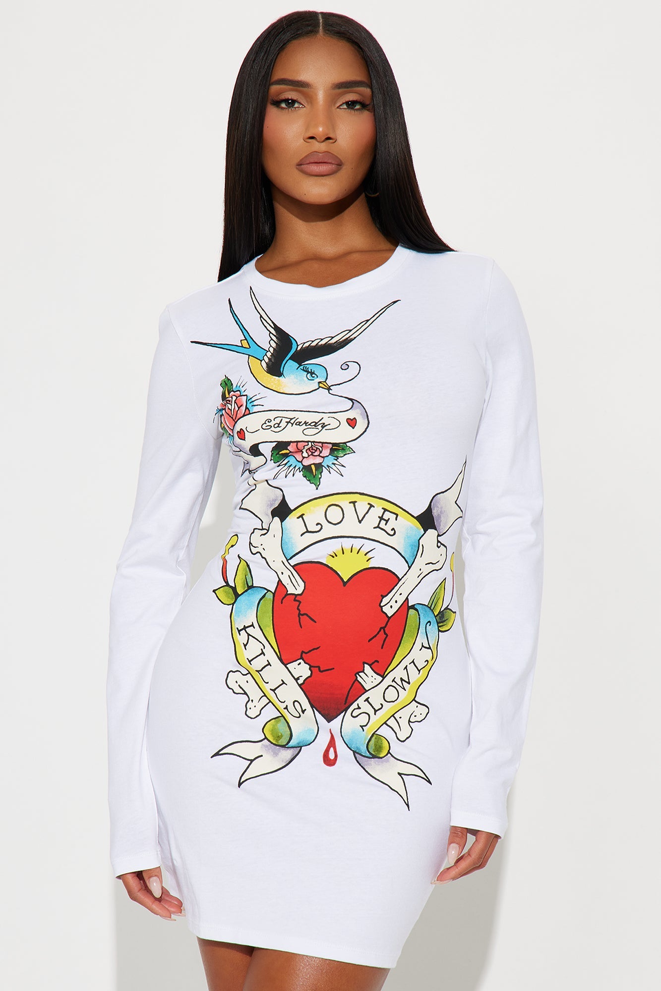 Ed Hardy Long Sleeve Mini Dress - White