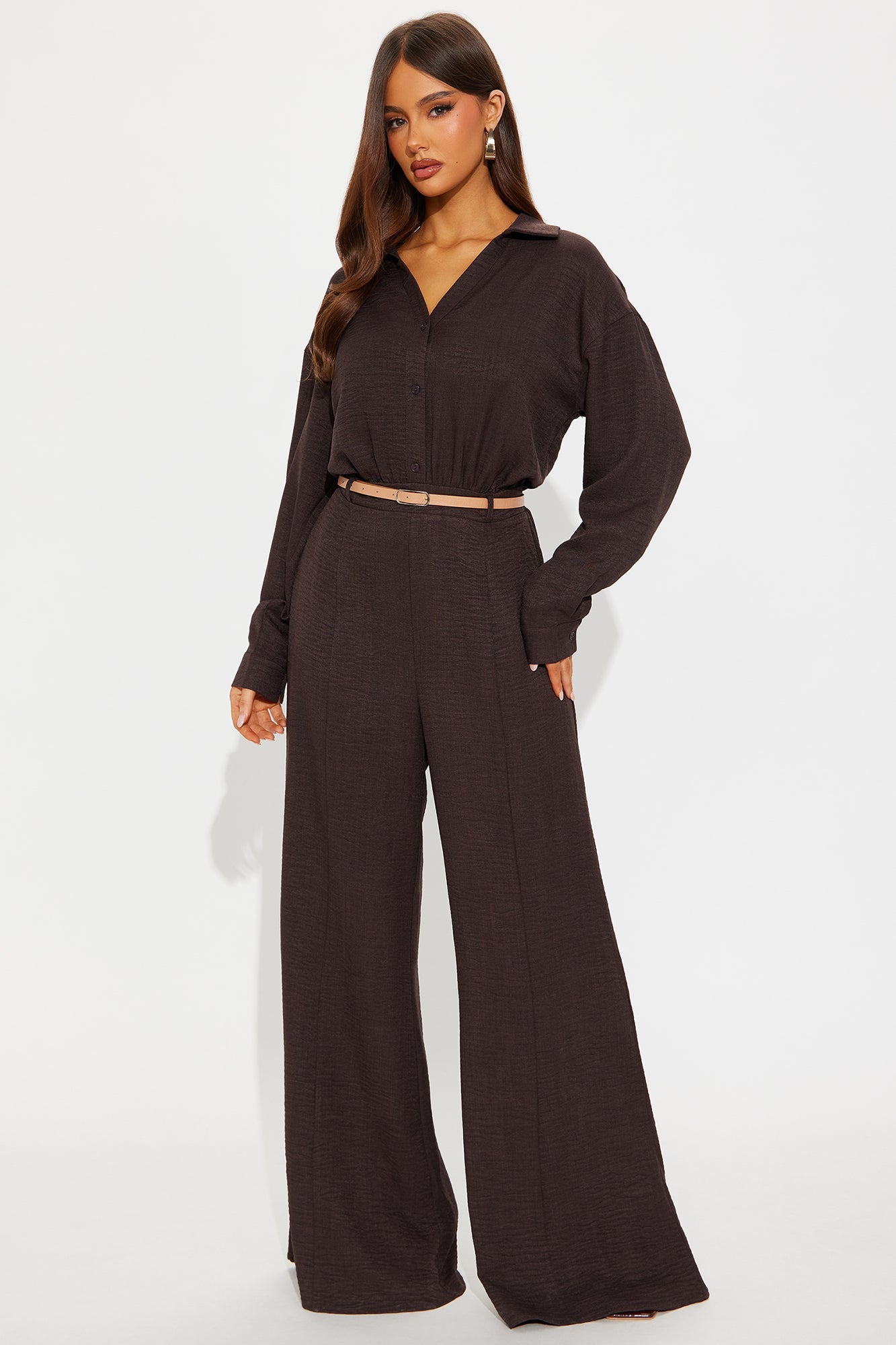 Demetria Belted Flare Jumpsuit - Chocolate