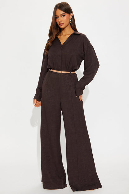 Demetria Belted Flare Jumpsuit - Chocolate
