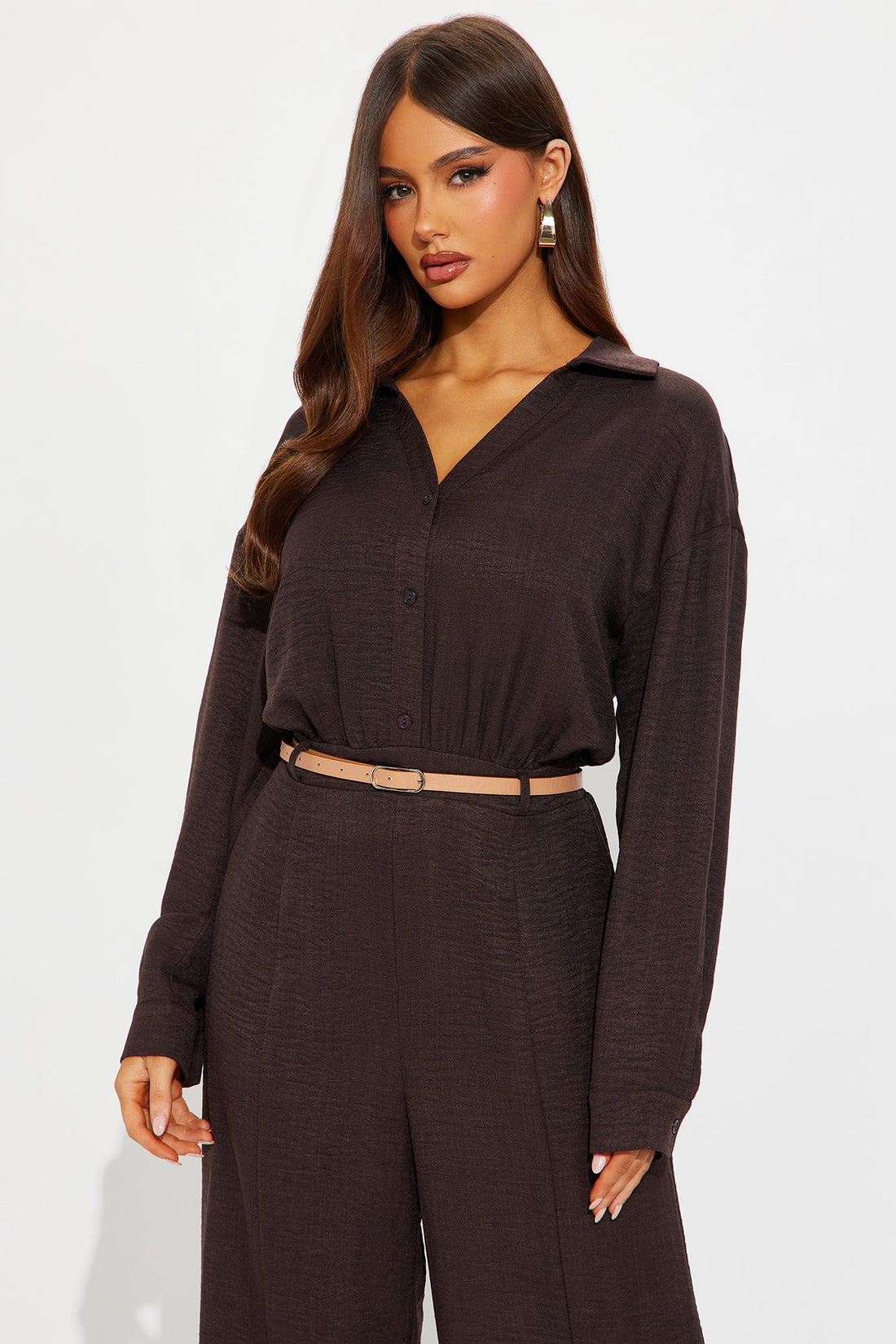 Demetria Belted Flare Jumpsuit - Chocolate