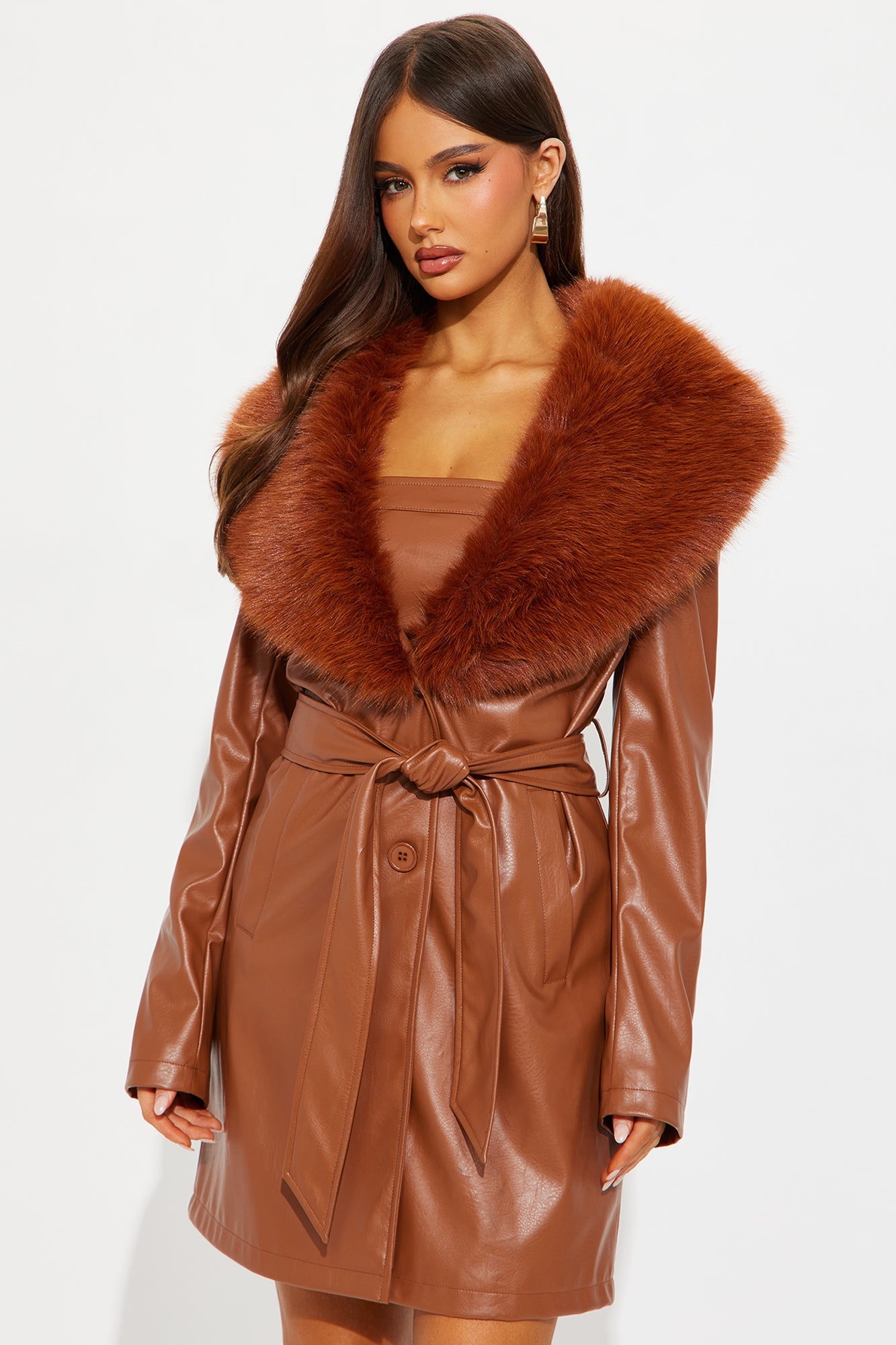 Boss Babe Faux Leather Mini Dress Set - Cognac