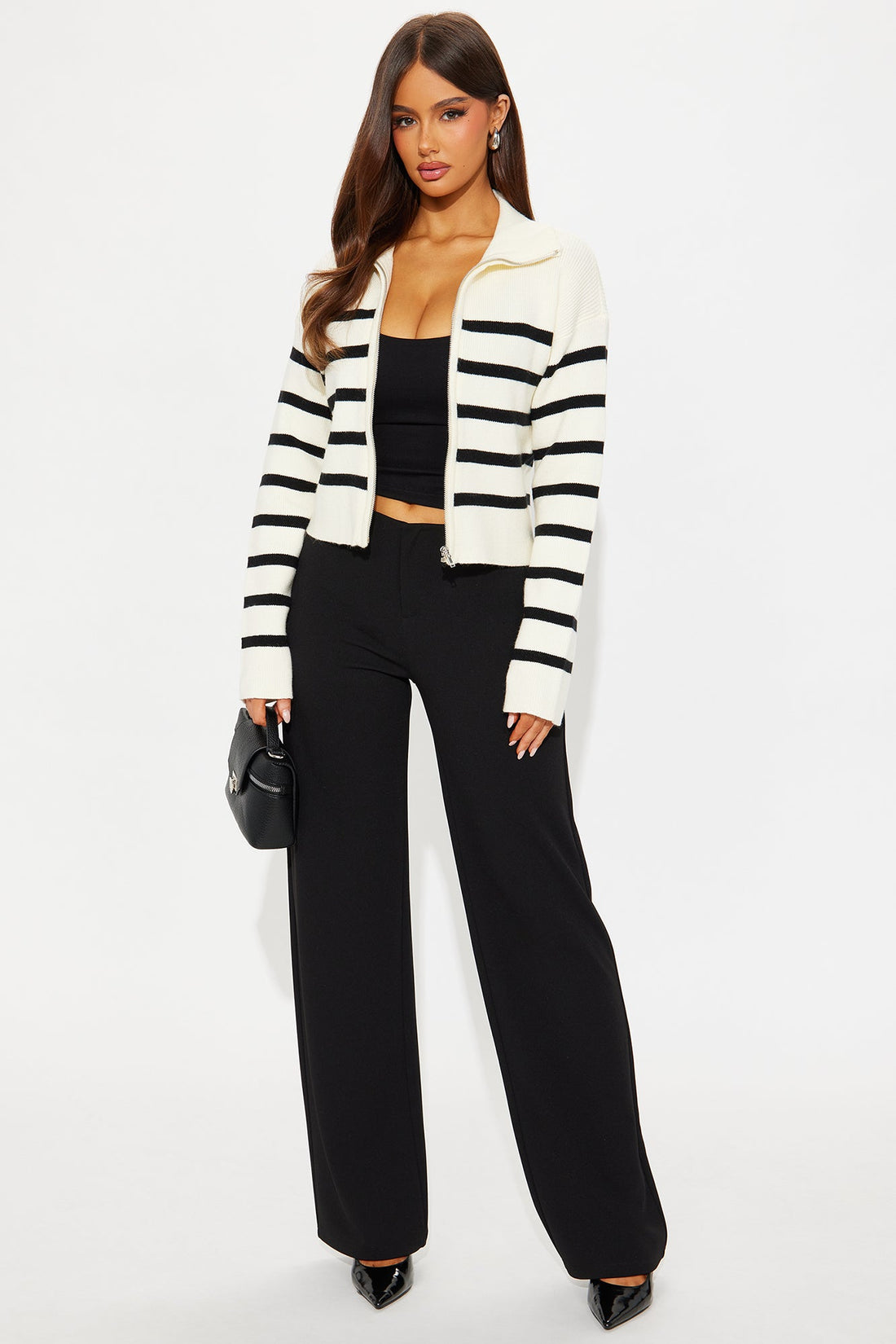 Amelia Front Zip Striped Cardigan - Cream/combo