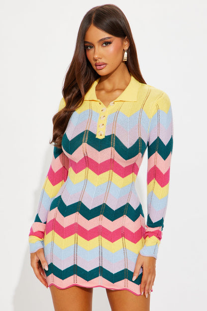 Always Happy Long Sleeve Knit Mini Dress - Multi Color