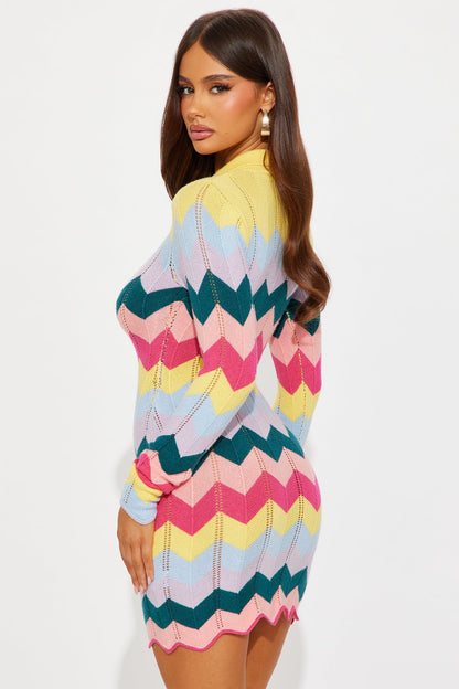 Always Happy Long Sleeve Knit Mini Dress - Multi Color