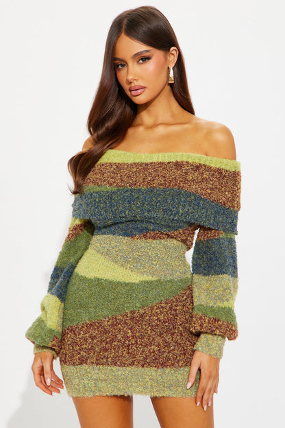 Fatima Sweater Mini Dress - Olive/combo