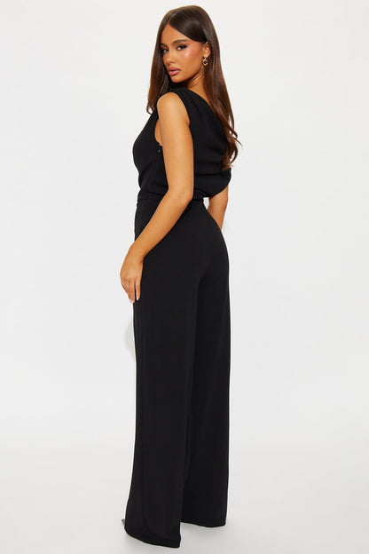 Perfect Timing Off Shoulder Wide Leg Jumpsuit - Black