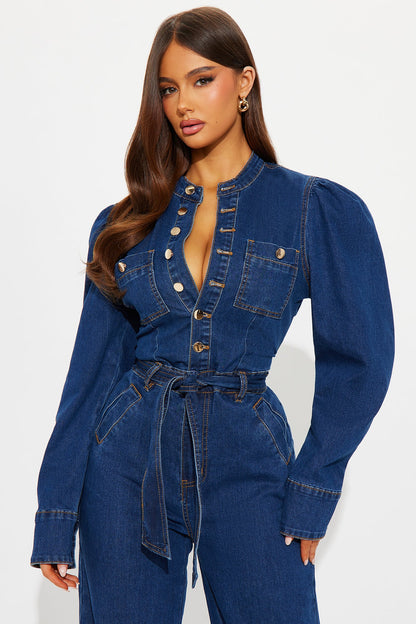Maya Puff Sleeve Denim Jumpsuit - Dark Wash