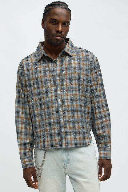 Cropped Starlit Rhinestone Plaid Flannel - Blue/combo