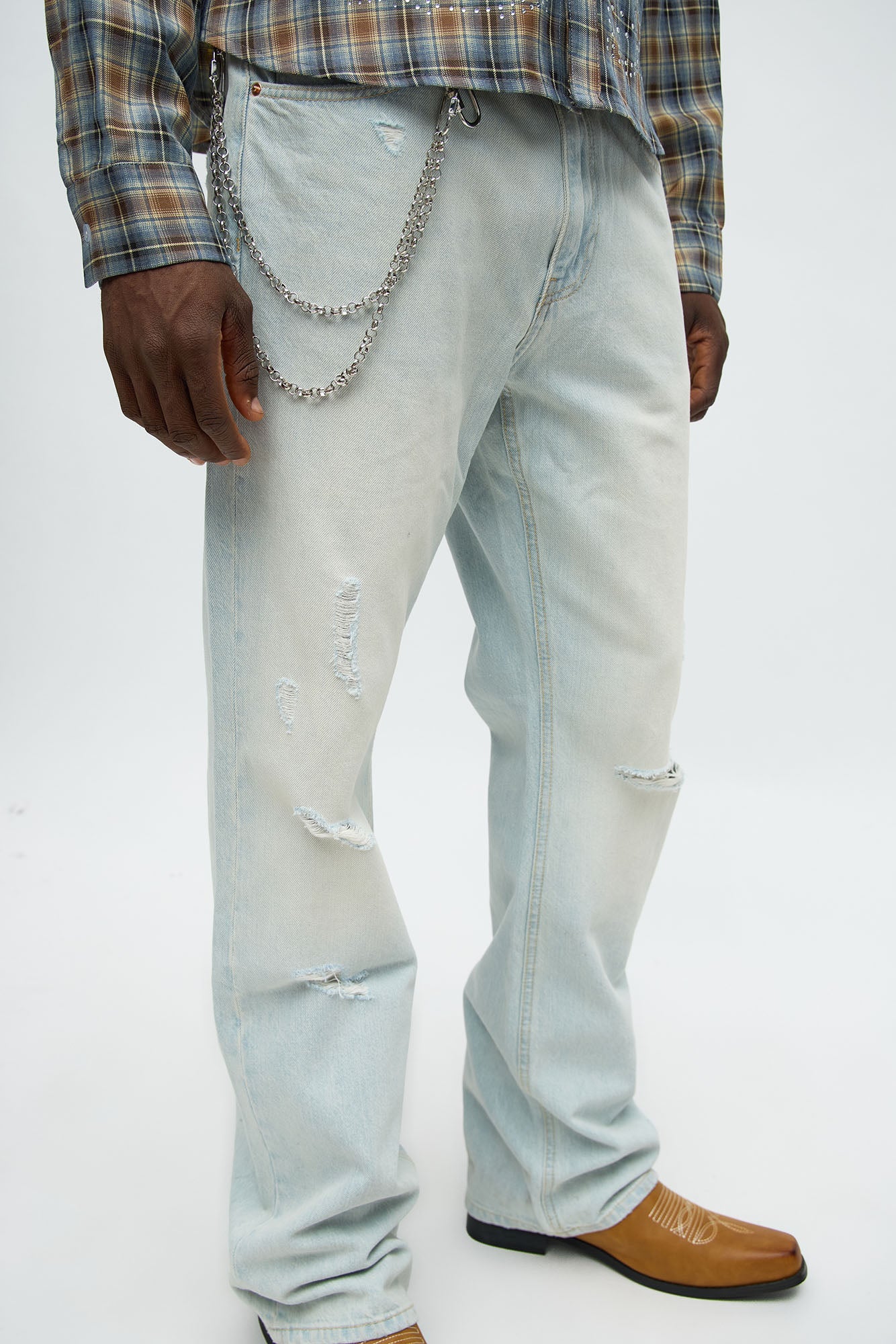 Stacked Slim Flare Self Destruct Distressed Jean - Light Wash