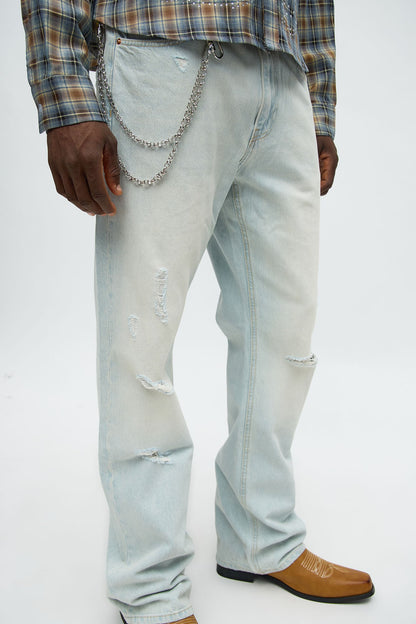 Stacked Slim Flare Self Destruct Distressed Jean - Light Wash