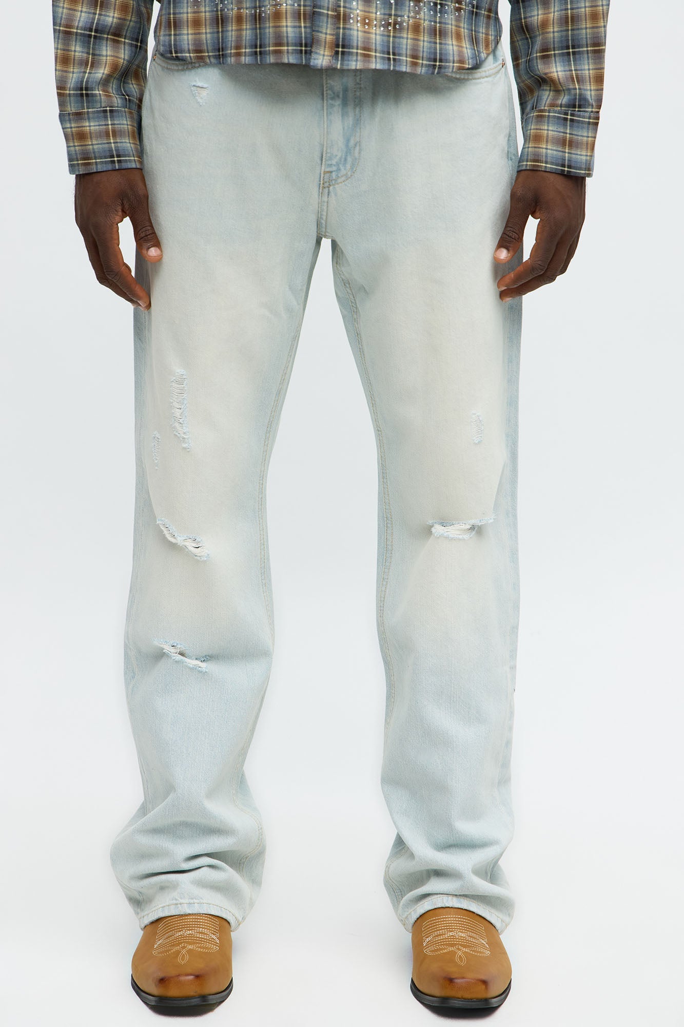 Stacked Slim Flare Self Destruct Distressed Jean - Light Wash