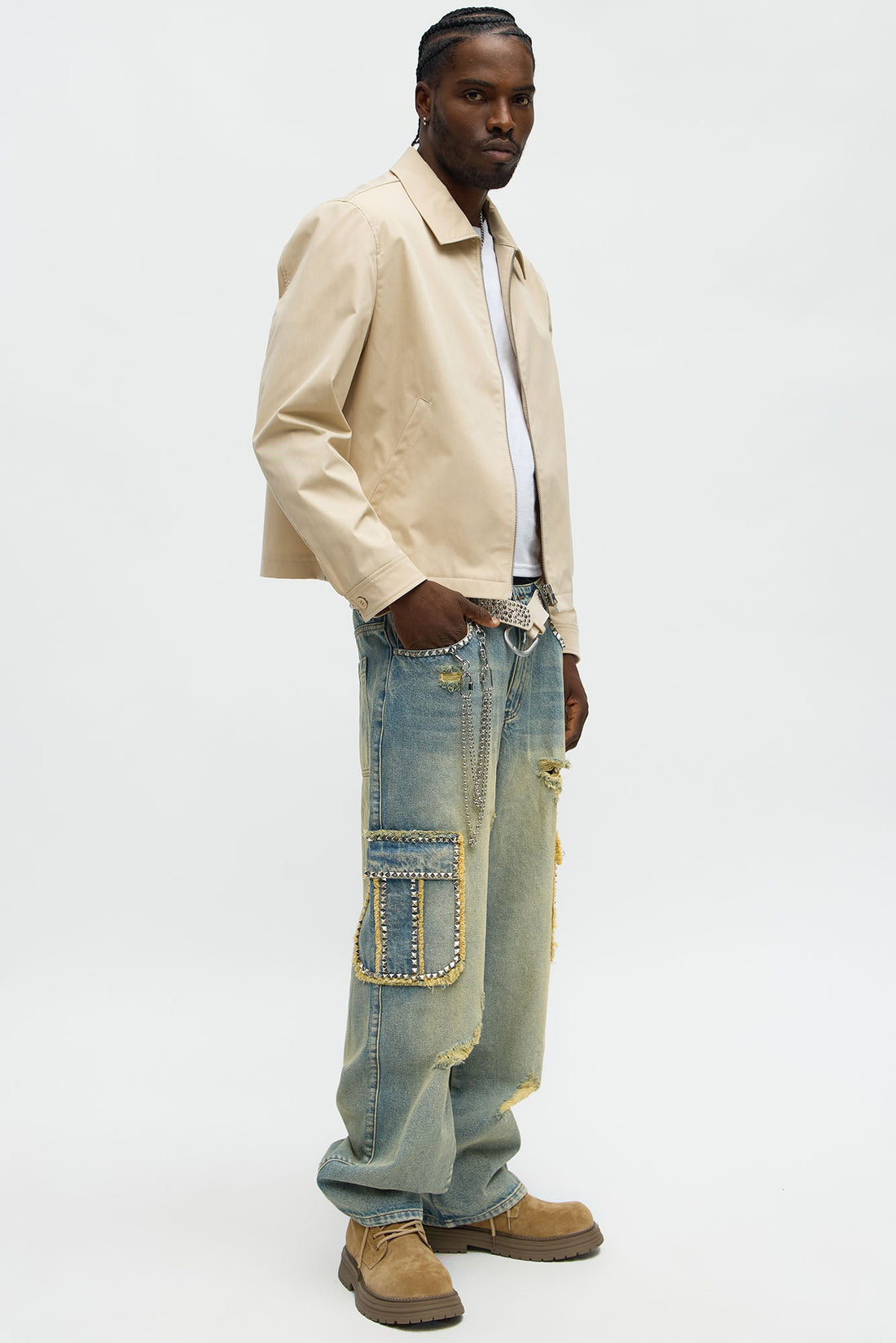 Baggy Studded Way Cargo Jean - Vintage Wash
