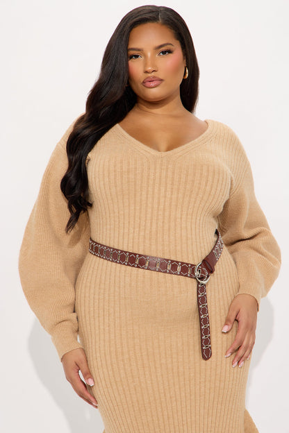 Bria Belted Sweater Midi Dress - Mocha