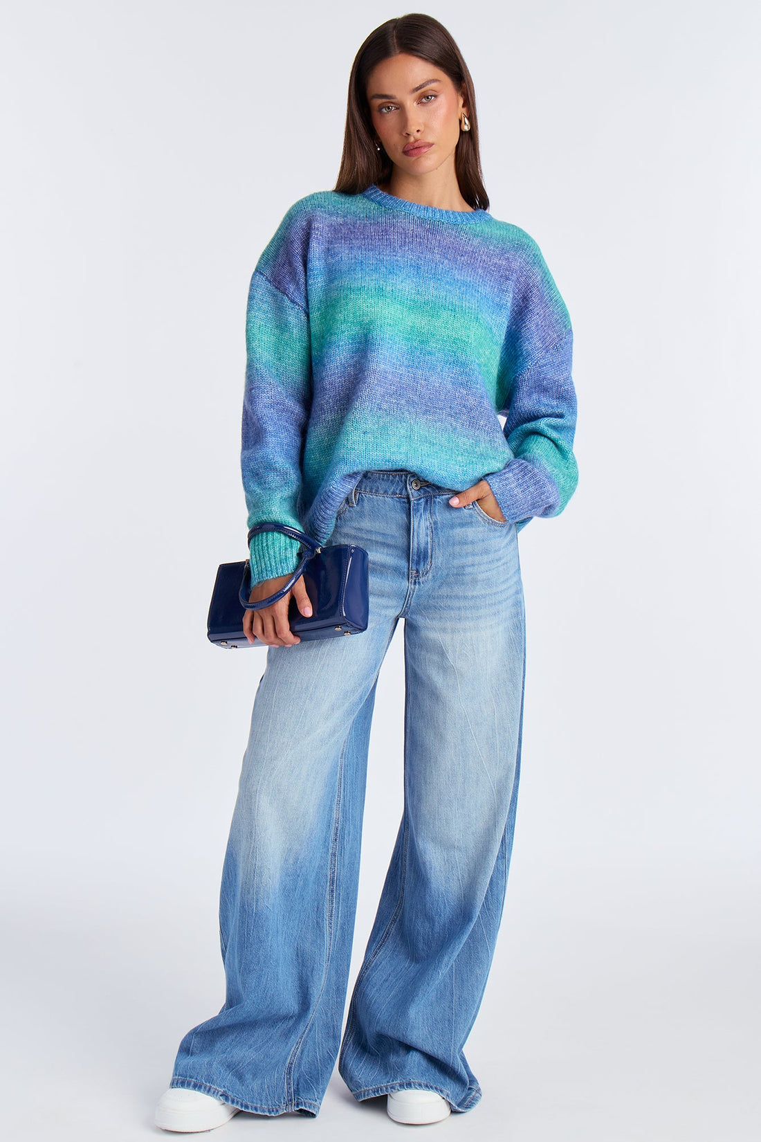 Not Your Babe Ombre Crew Neck Pullover Sweater - Blue/combo