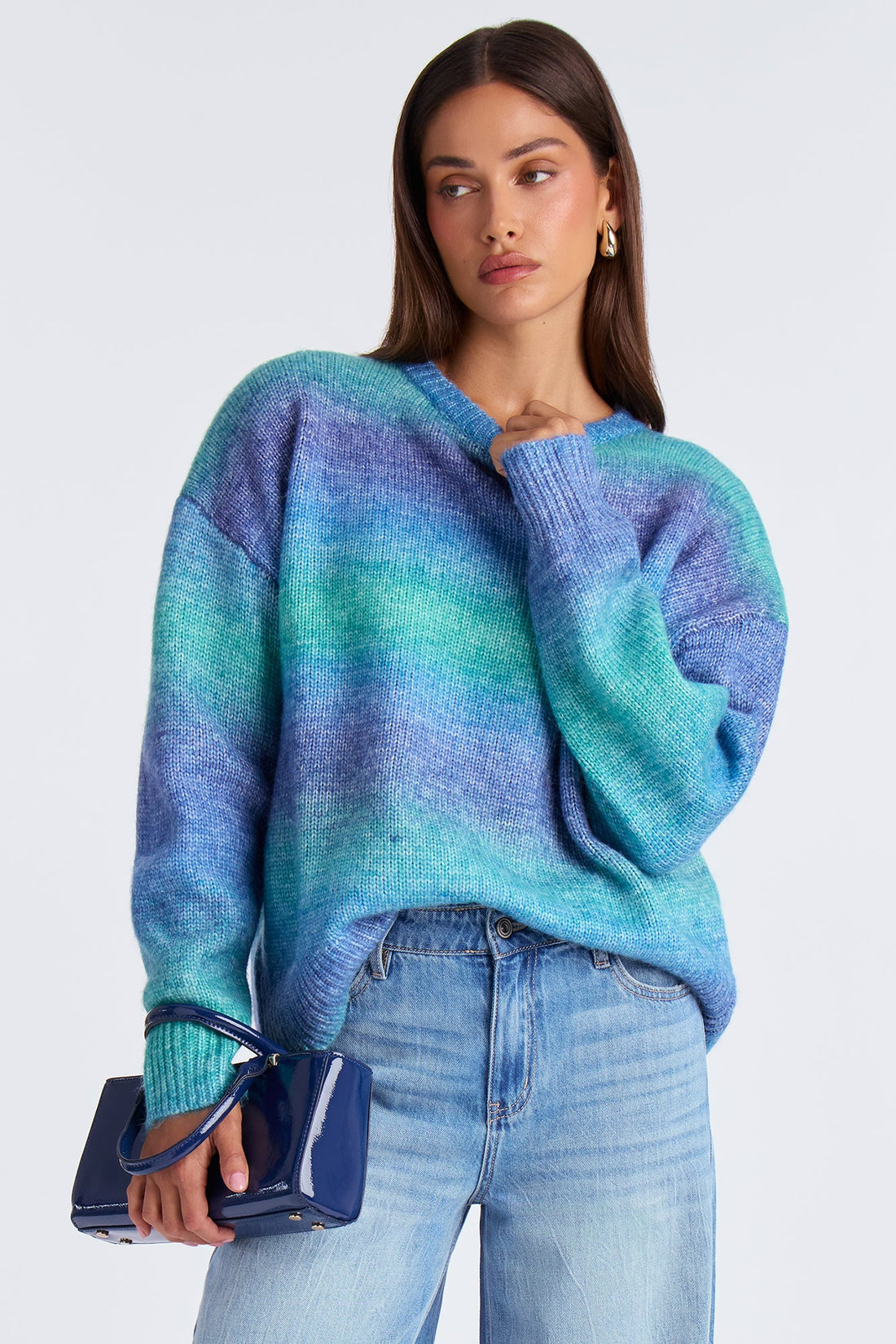 Not Your Babe Ombre Crew Neck Pullover Sweater - Blue/combo