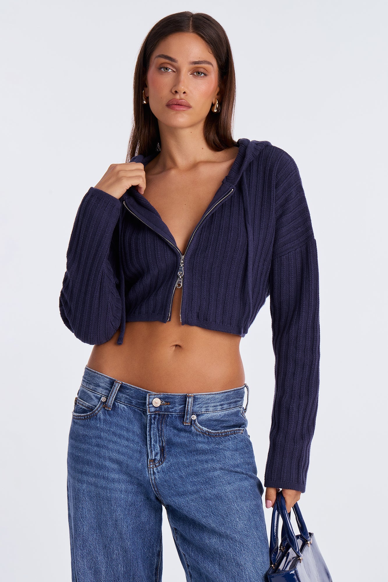 The Comfy Hooded Zip Front Sweater - Navy