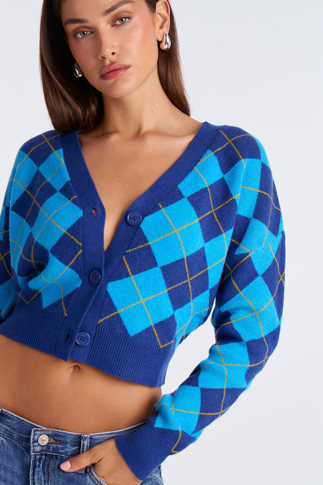 One Step Closer Argyle Cardigan - Blue/combo