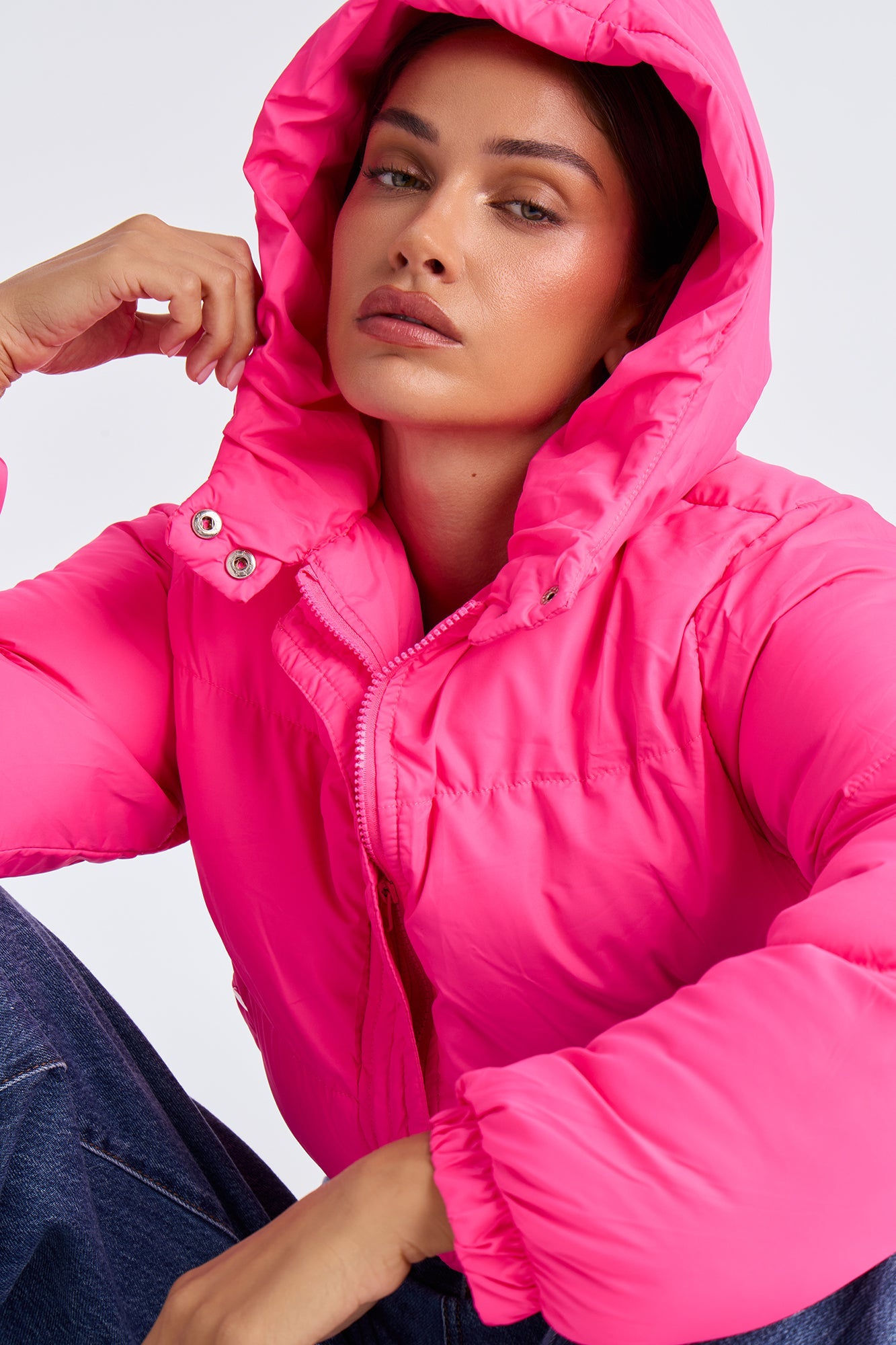 Dakota Cropped Hooded Puffer Jacket - Hot Pink