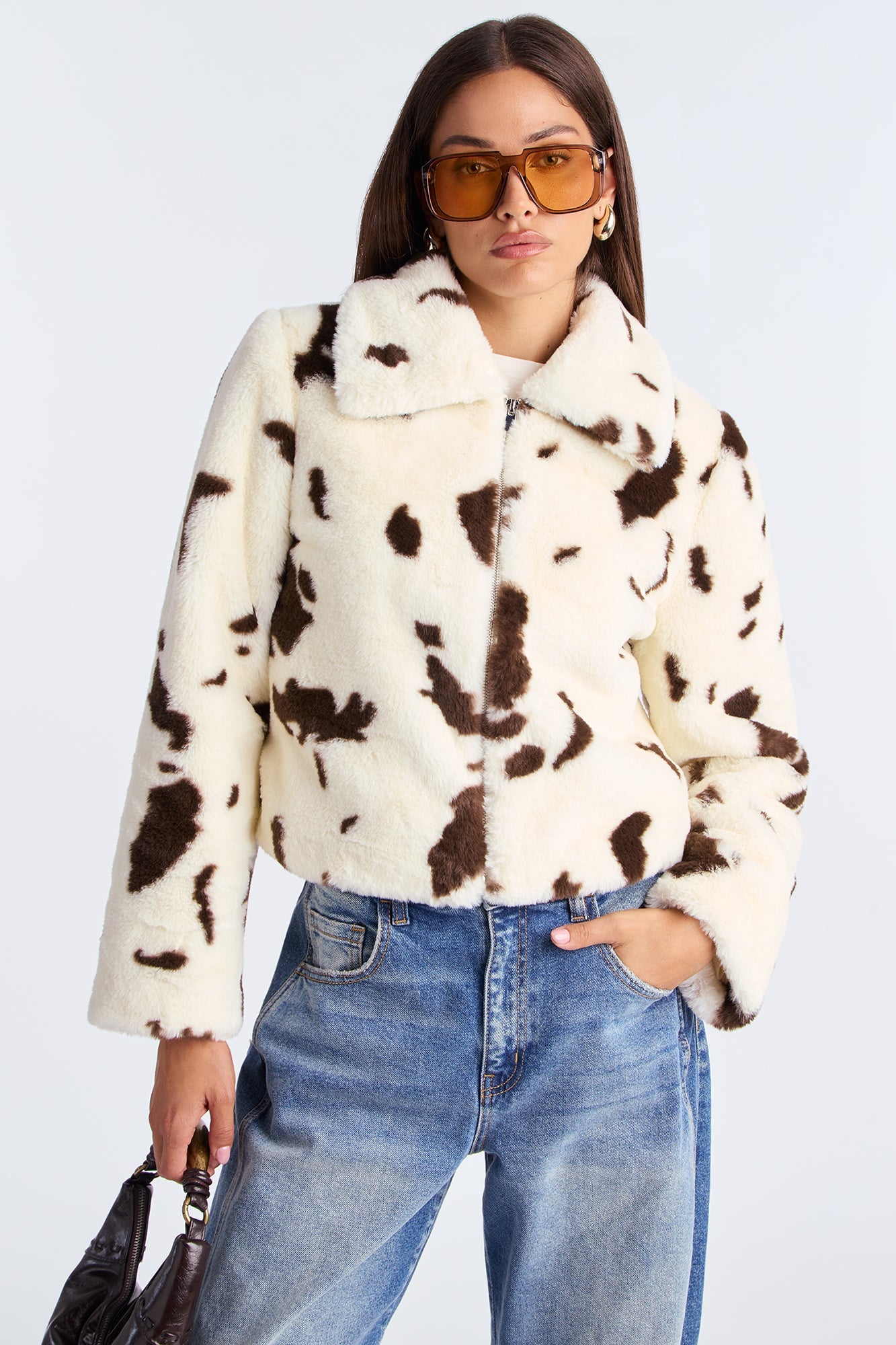Nashville Nights Cow Print Faux Fur Coat - Brown/combo