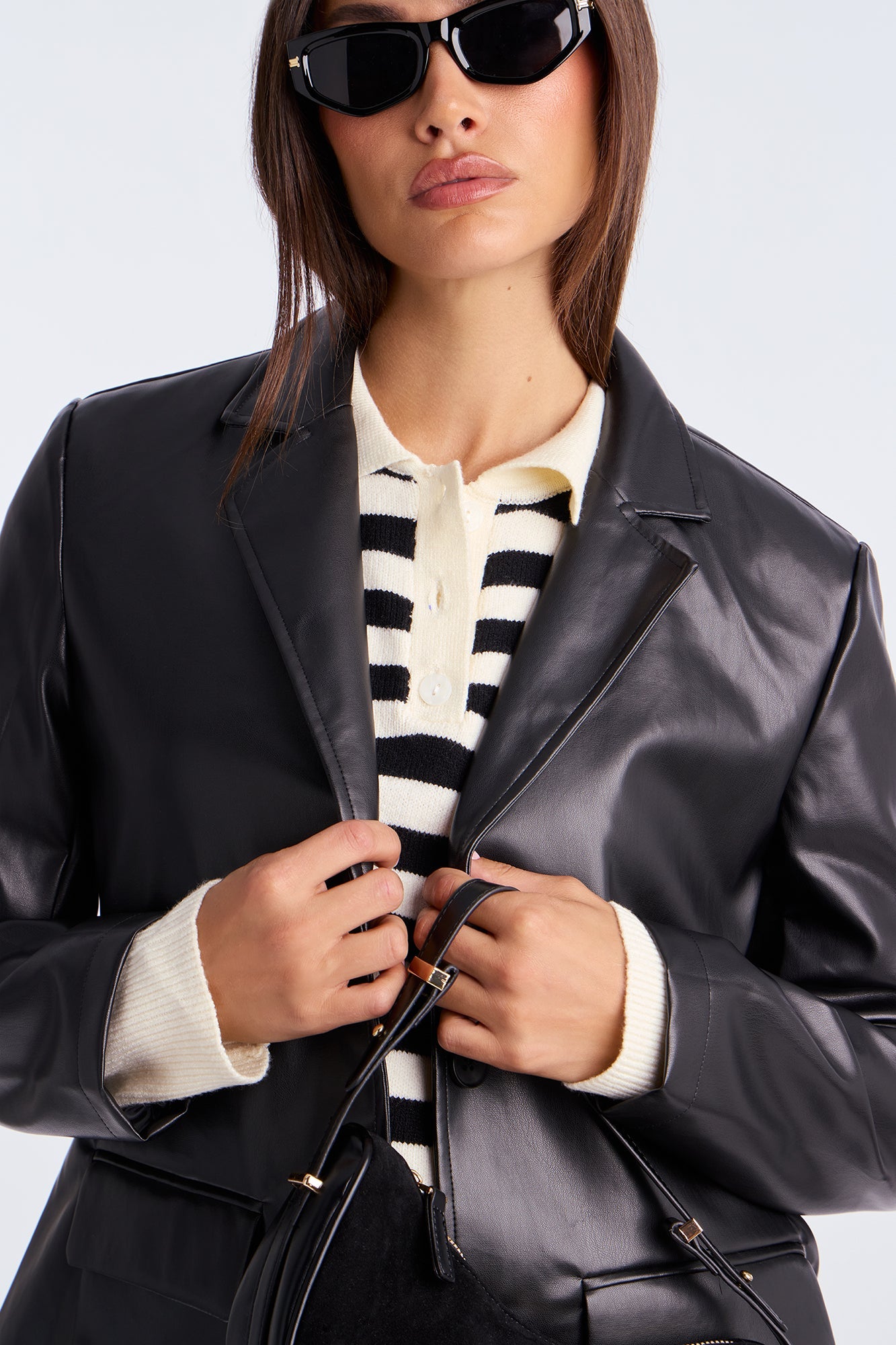 Paige Faux Leather Blazer - Black