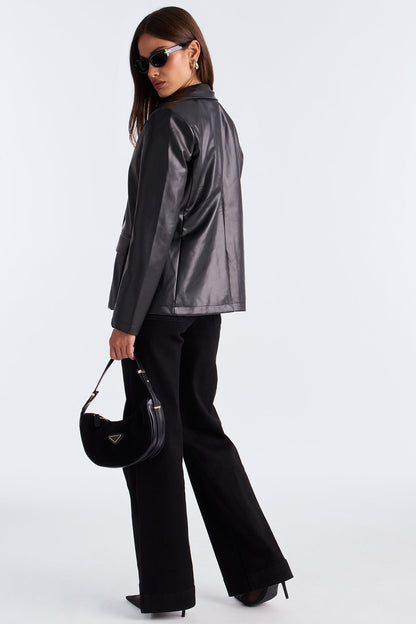 Paige Faux Leather Blazer - Black