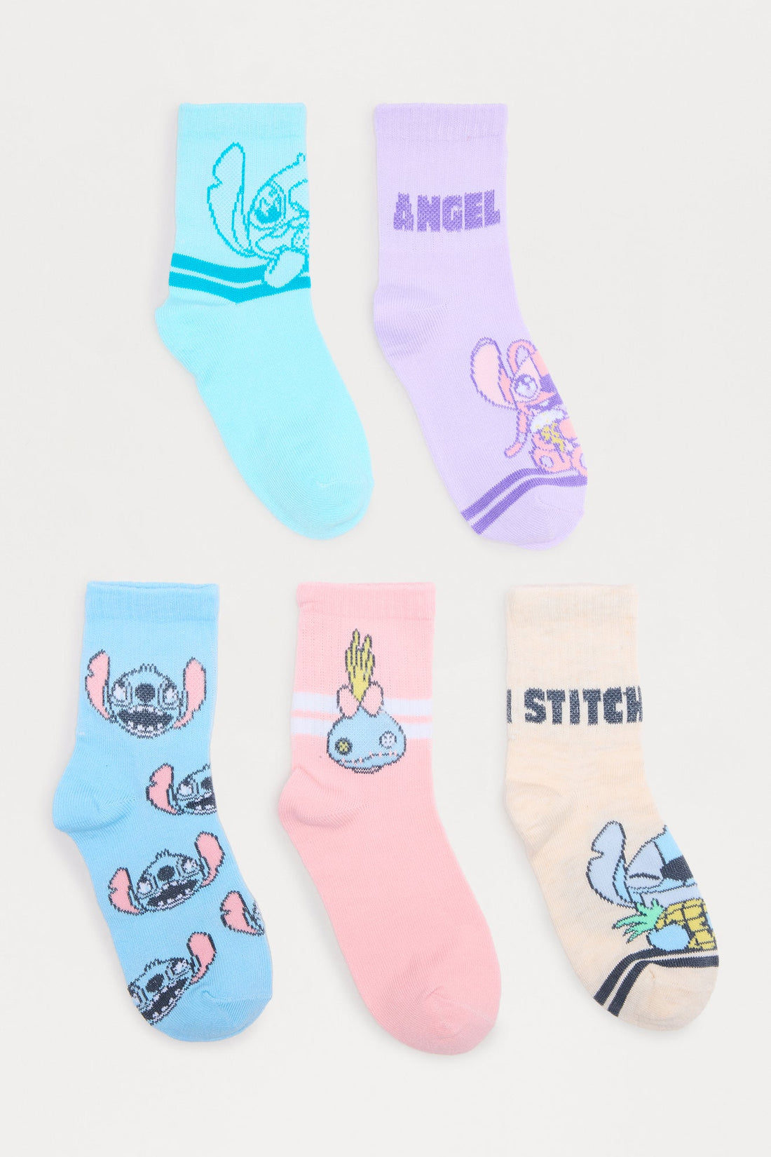 Mini Stitch And Friends Crew Socks 5 Pack - Blue/combo