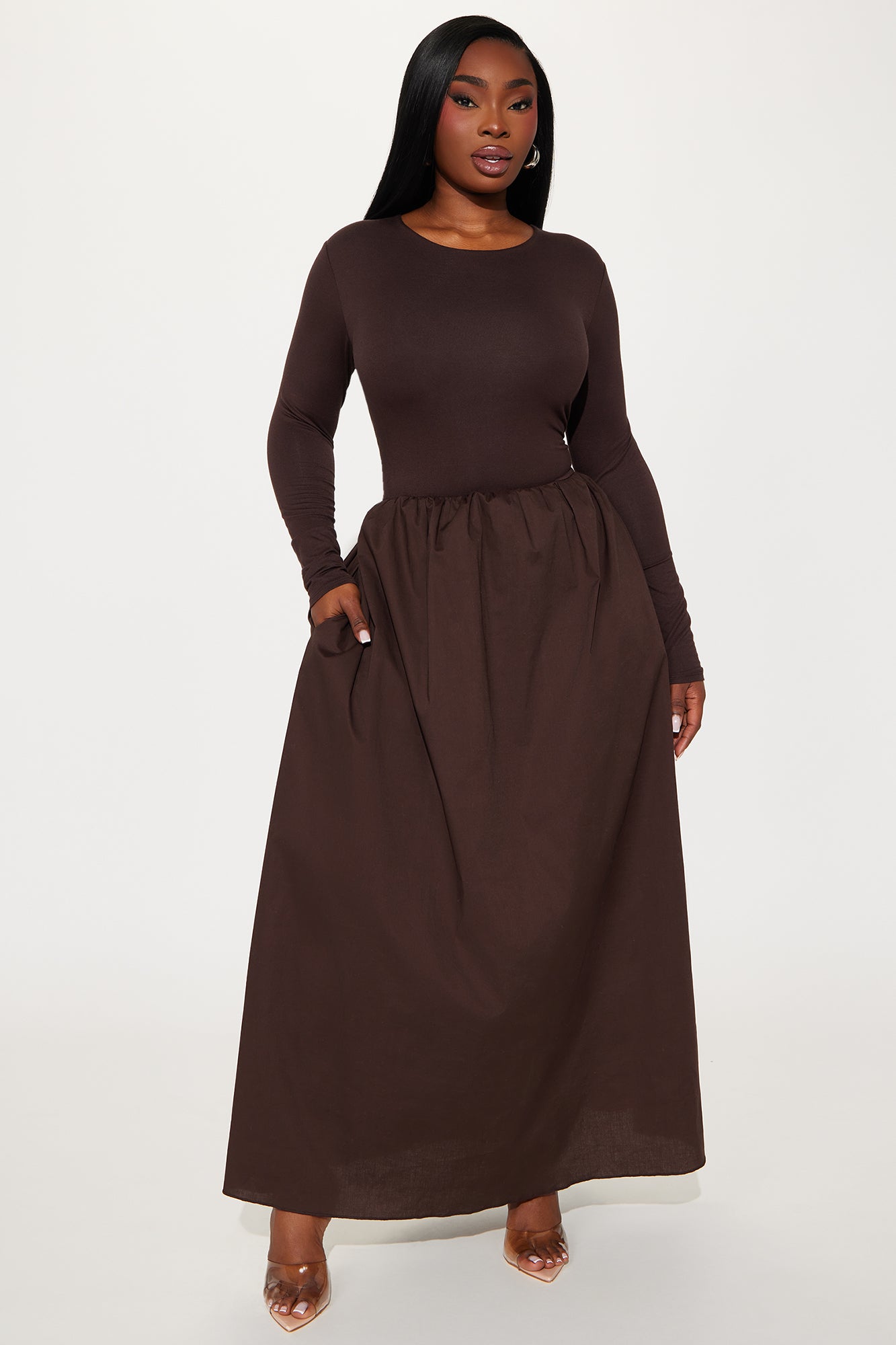 Jordyn Long Sleeve Drop Waist Maxi Dress - Brown