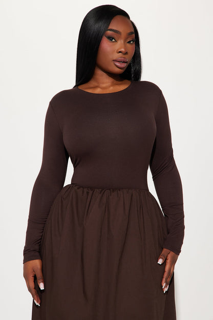 Jordyn Long Sleeve Drop Waist Maxi Dress - Brown