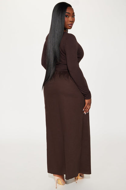 Jordyn Long Sleeve Drop Waist Maxi Dress - Brown