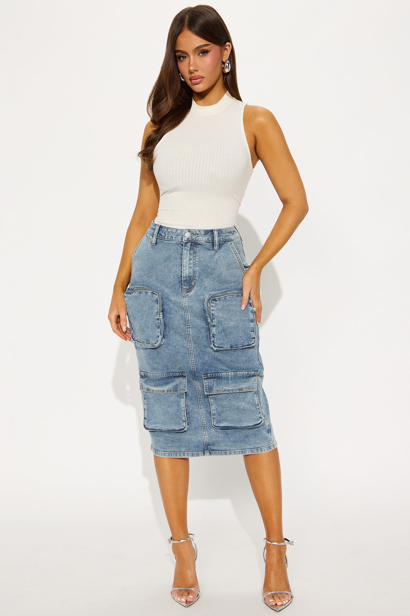 Sakura Cargo Denim Midi Skirt - Medium Wash