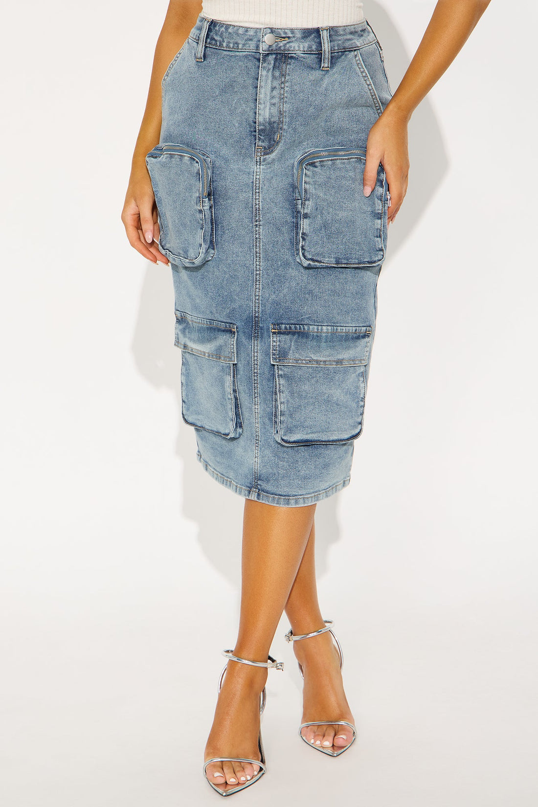 Sakura Cargo Denim Midi Skirt - Medium Wash
